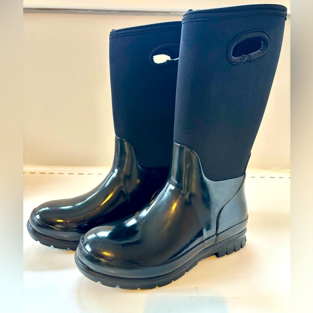 Rubber Boots Rain Boot Waterproof Black Patent Leather Neoprene Women’s Sz 6 NEW